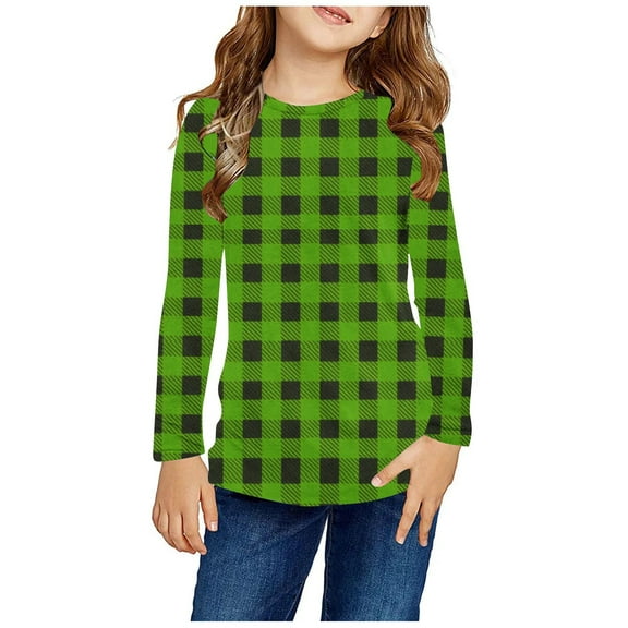 Odeerbi Kids Boys Girls Long Sleeve Shirt Fall Winter Plaid Base Layer Undershirt Cute Print Shirts Crewneck Tops Dressy Casual Blouses Kids Clothes Green