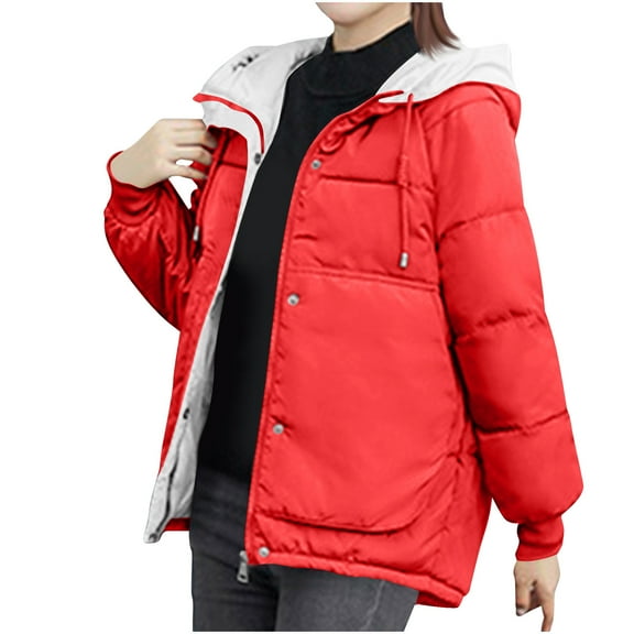 XPMWRP Women's Quilted Thicken Hooded Coat Long Sleeve Fashion Zip Up Loose Down Jacket Winter Warm Loose Jacket with Pockets Red S