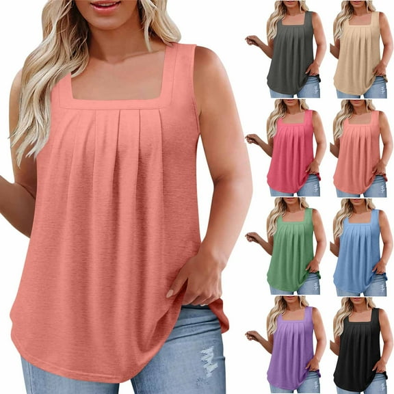 Hfnxid Plus Size Tops for Women Pleated Square Neck Sleeveless Tops Curved Hem Flowy Shirt Loose Fit Lightweight Tank Top Mint Green XXXXL