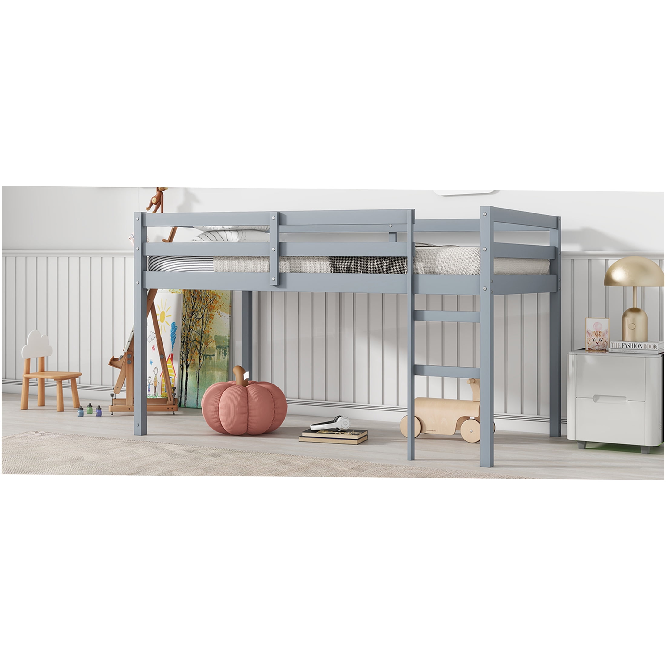 JERFIT Twin Wood Loft Bed with Ladder, Grey