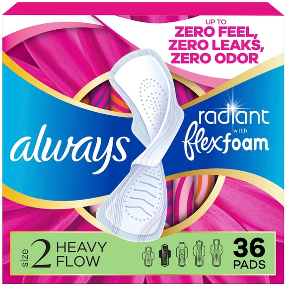 Always Radiant with FlexFoam Pads, Size 2, Heavy, Wings, 36 Count