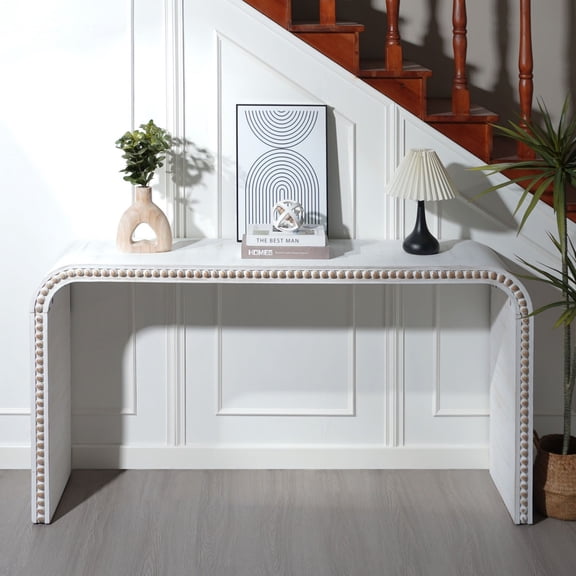 Console Table, 59in Entryway Table, Curved Waterfall-style Table,Console Table with Wood Beads,Entrance Table for Entryway, Hallway, Living Room, Foyer, Corridor, Office (White)