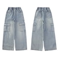 thumbnail image 6 of Coerni Girl's Elastic Waist Jean Cargo Pants Baggy Wide Leg Flap Pocket Denim Pants Girls Barrel Leg Jeans for Kids Softball Clothes, 6 of 9