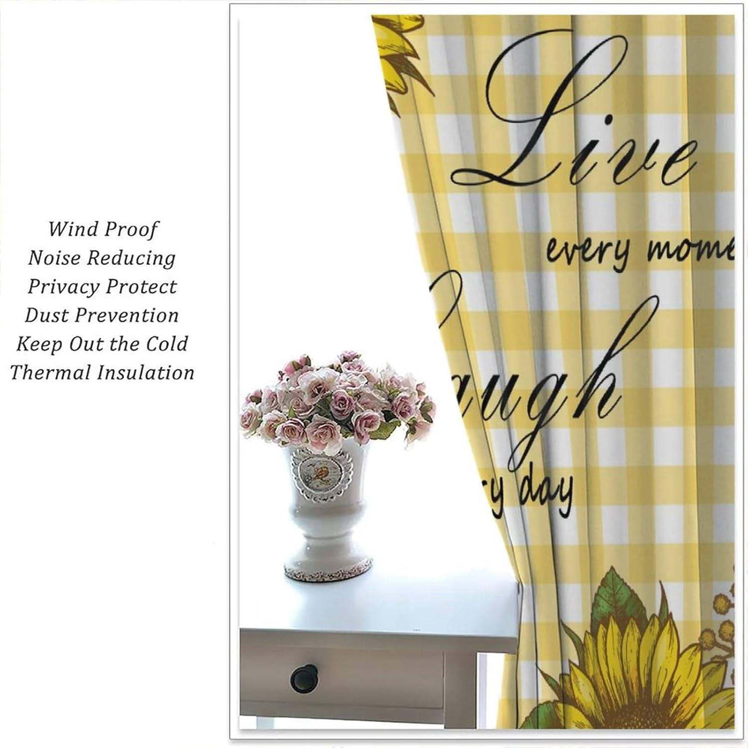 Sunflower Curtains Vintage Farmhouse Rustic Flowers Yellow White Buffalo Plaid Bedroom Living Room Bathroom Blackout Rod Pocket Decoration Window Drapes 2 Panels W26xL84in