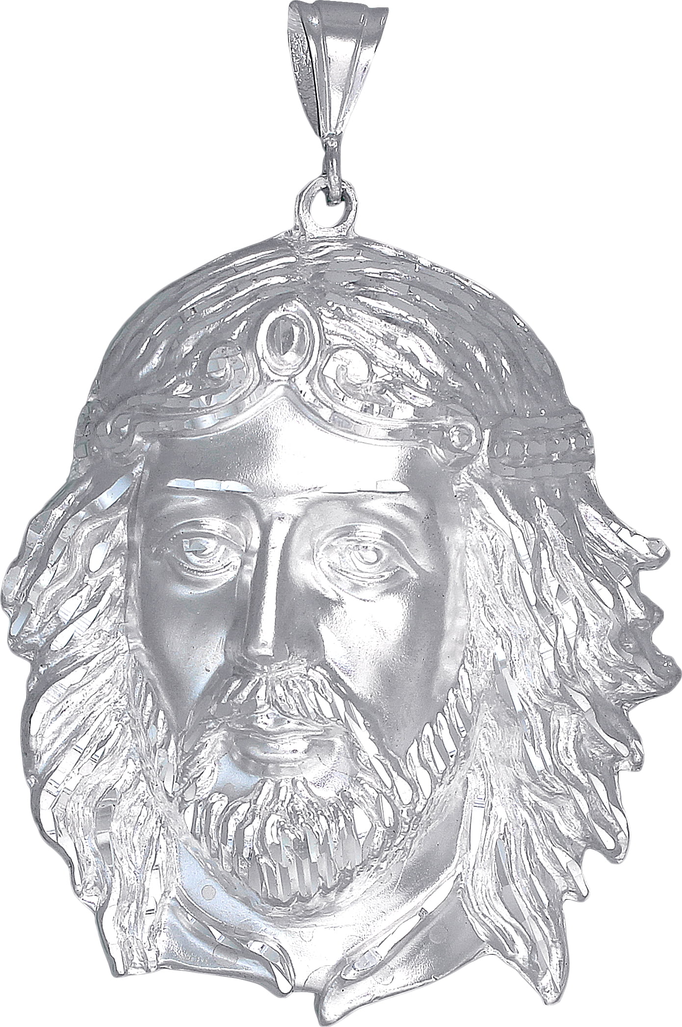 Huge Sterling Silver Jesus Head Pendant Necklace Diamond Cut Finish