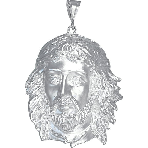 Huge Sterling Silver Jesus Head Pendant Necklace Diamond Cut Finish with 24 Inch Chain
