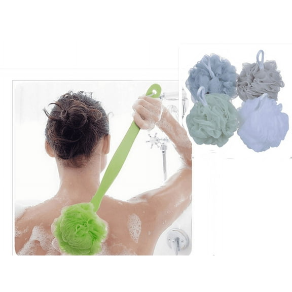 Loofah- Plastic Back-Scrubber & Bath-Sponges1 Long-Handle-Back-Brush plus 4 Extra Large 60g Soft Mesh Poufs, Men & Women - Exfoliate with Full Pure Cleanse in Bathing Accessories