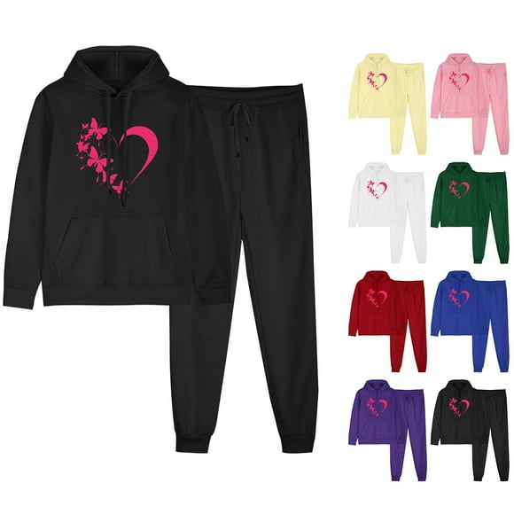 JURANMO Fashion Print 2 Piece Set for Women Hoodie Sweatsuit Casual Lightweight Long Sleeve Sweatshirts and Comfy Breathable Elastic Waist Sweatpants Matching Outfit Today's Deals Green S