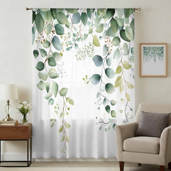 Sage Green Eucalyptus Sheer Curtains 54 Inches Long, Pastoral Watercolor Leaf Fruit Light Filering Curtains, Breathable Simi Curtain Privacy Drapes for Kitchen Bathroom Small Window Treatment
