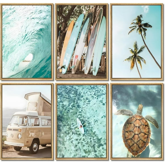 Beach Wall Art Summer Nautical Surf Tropical Palm Tree Ocean Turtle Paintings Prints Posters Coastal Surfboard Bus Room Canvas Wall Decor for Bedroom Living Room Set of 6 8x10inch Unframed