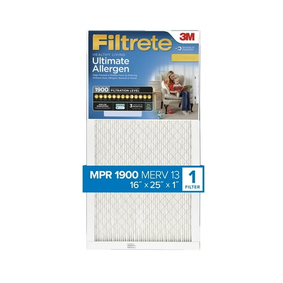 Filtrete 16x25x1 HVAC Furnace Air Filter, MPR 1900 MERV 13, Ultimate Allergen Reduction, 1 Filter