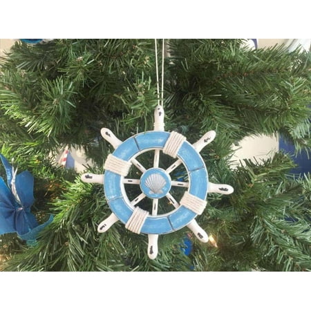 - Rustic Light Blue and White Decorative Ship Wheel With Seashell Christmas Tree Ornament 6