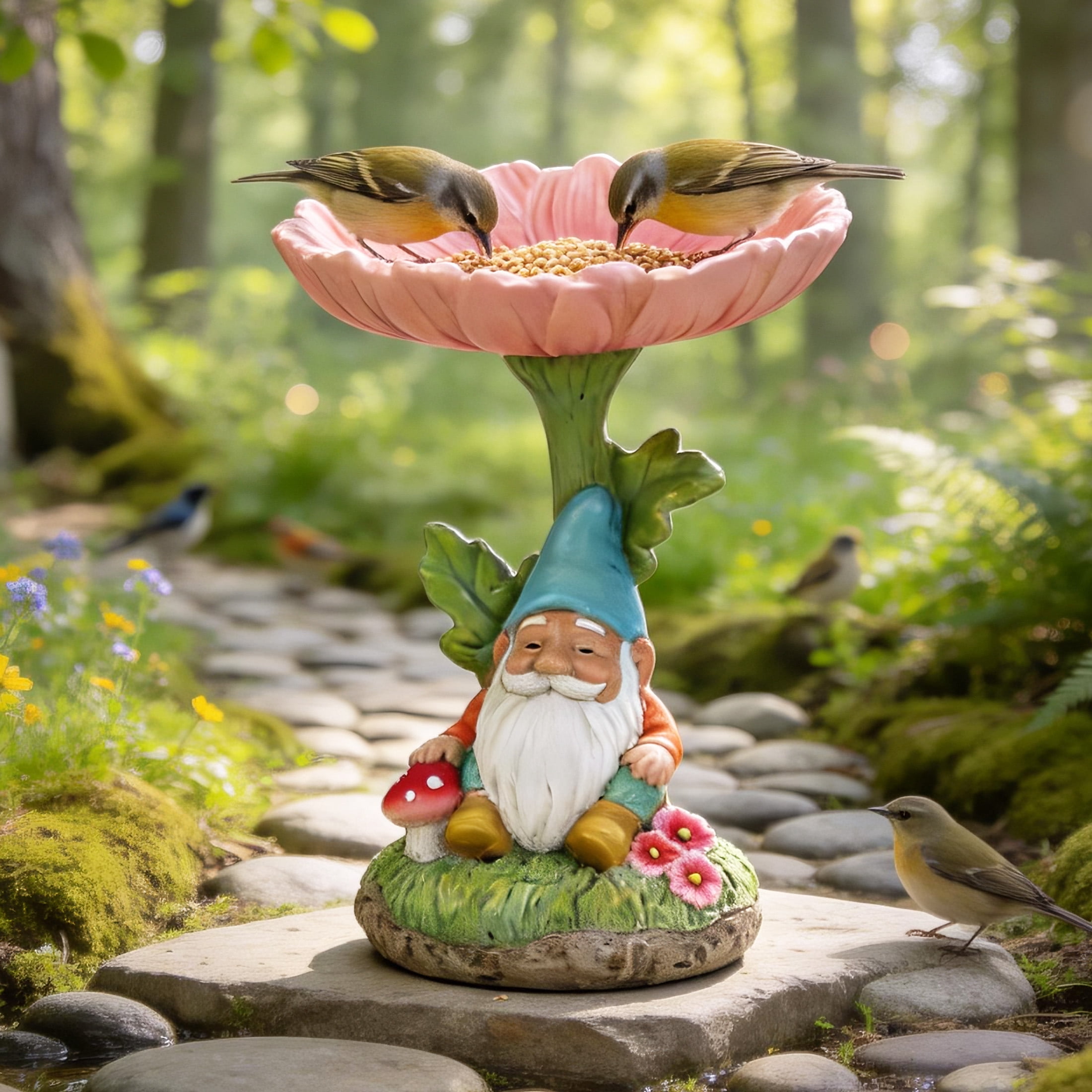 The Growing Ground Daisy Gnome Bird Feeder Garden Statue, Outdoor Garden Decor with Flower Bowl for Bird Seed and Water, Pink