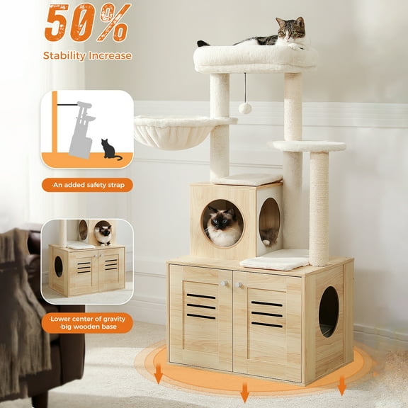 Pefilos 50" Wood Cat Tree Tower for Adult Cats with Litter Box Included, Multi-Level Cat Condo for Indoor Cat Play House Activity Center with Scratching Post, Beige