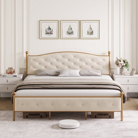 WhizMax Premium Full Size Platform Bed Frame with Velvet Upholstery  Button Tufted Headboard and Gold Frame in Beige