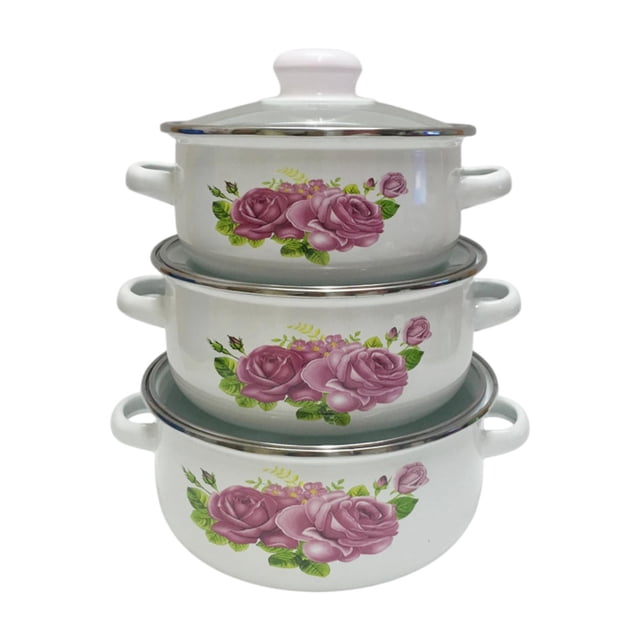 HILABEE 3 Pieces Enamel Stew Pot Slow Cooker Double Handle for Restaurant Soup Sauce white