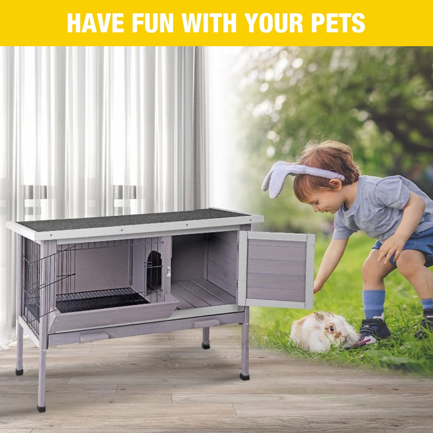 Aivituvin Rabbit Hutch, Wooden Bunny Cages Indoor with Deeper Leakproof Tray - Upgrade with Metal Wire Pan (Grey, Rabbit Hutch #001-B) Large
