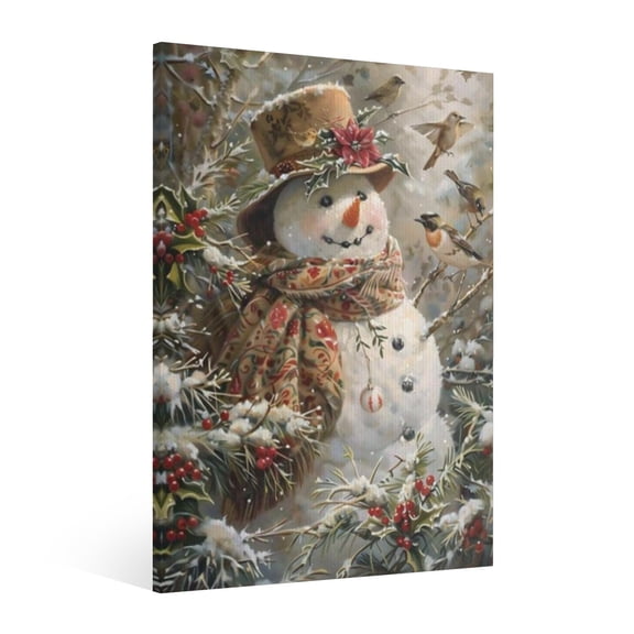 Vintage Christmas Snowman Wall Art Paint - Retro Xmas Festive Winter Holiday Christmas Wall Decor Canvas for Living Room Kitchen Bathroom Home Bedroom Decor Framed