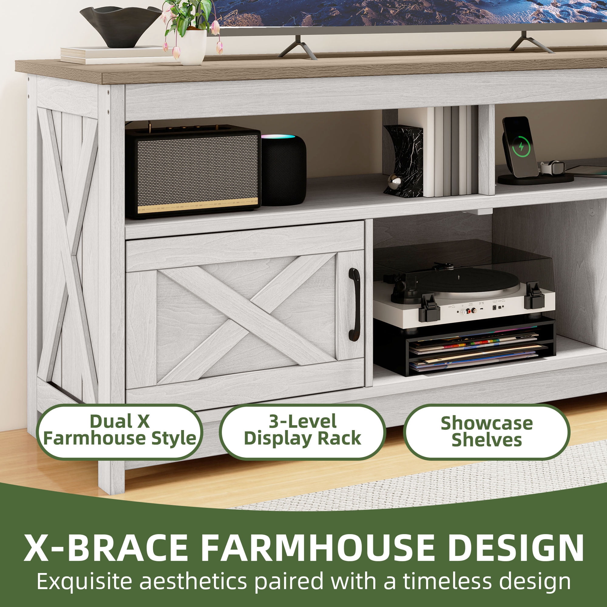 Uforic 59 Inch Rustic TV Cabinet Fits 55/65 Inch TVs, with Side X-Brace Decor, Built-in Charging Station & Partitioned Open Storage Shelves, Home Living Room, Beige + White