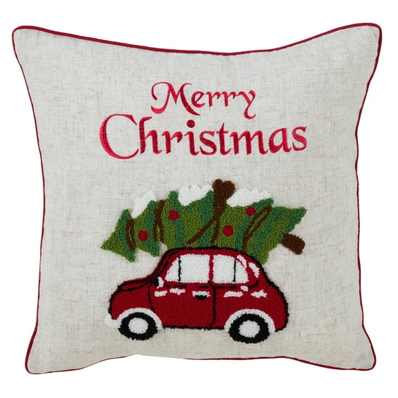 Holiday Classic Merry Christmas Textured Tree and Car Filled Decorative Throw Pillow, 18"X18"