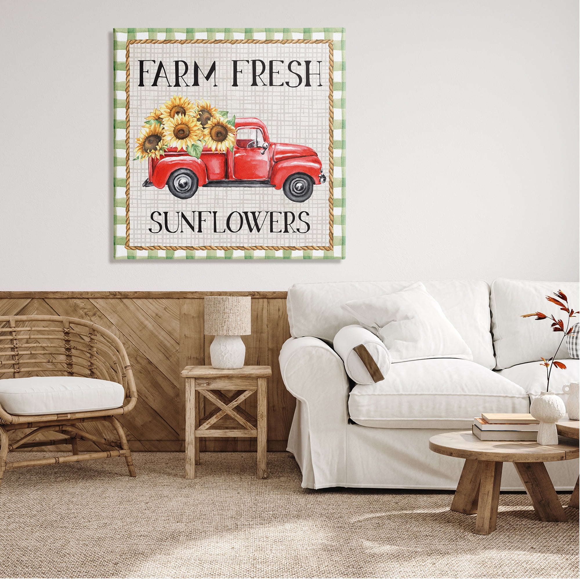 Stupell Gingham Farm Fresh Sunflowers Pattern Transportation Painting Gallery Wrapped Canvas Print Wall Art