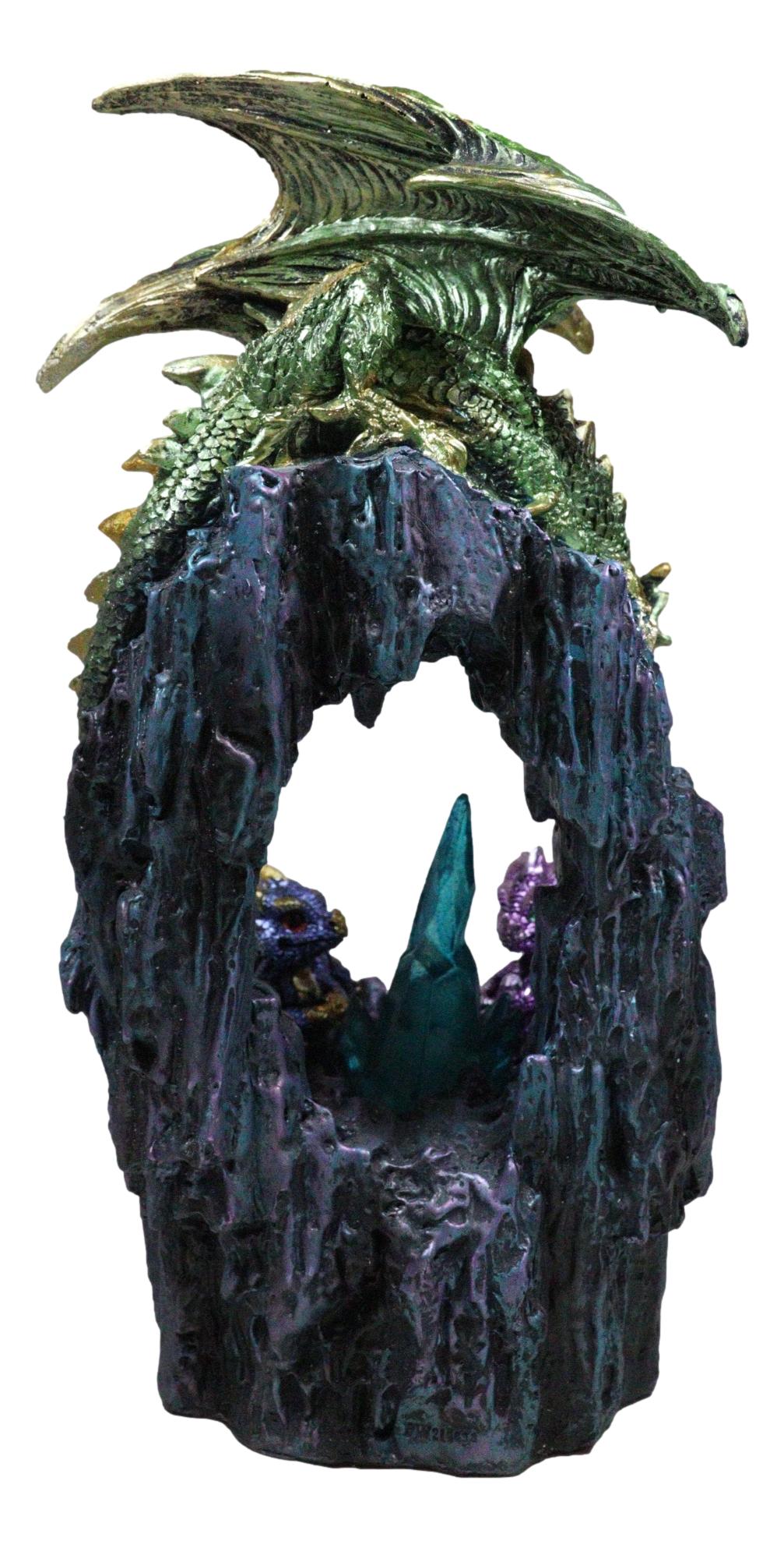 Green And Gold Dragon Guarding Faux Geode Rock Arch With LED Crystals Figurine