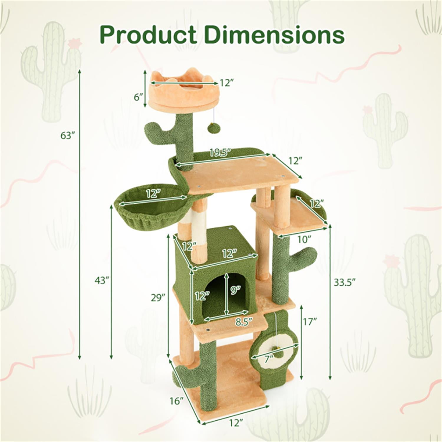 Kadyn 63" Cactus Cat Tree with Toy, Cat Tower Condo for Indoor Cats with Cozy Hammock, Sisal Scratching Posts and Board, Green
