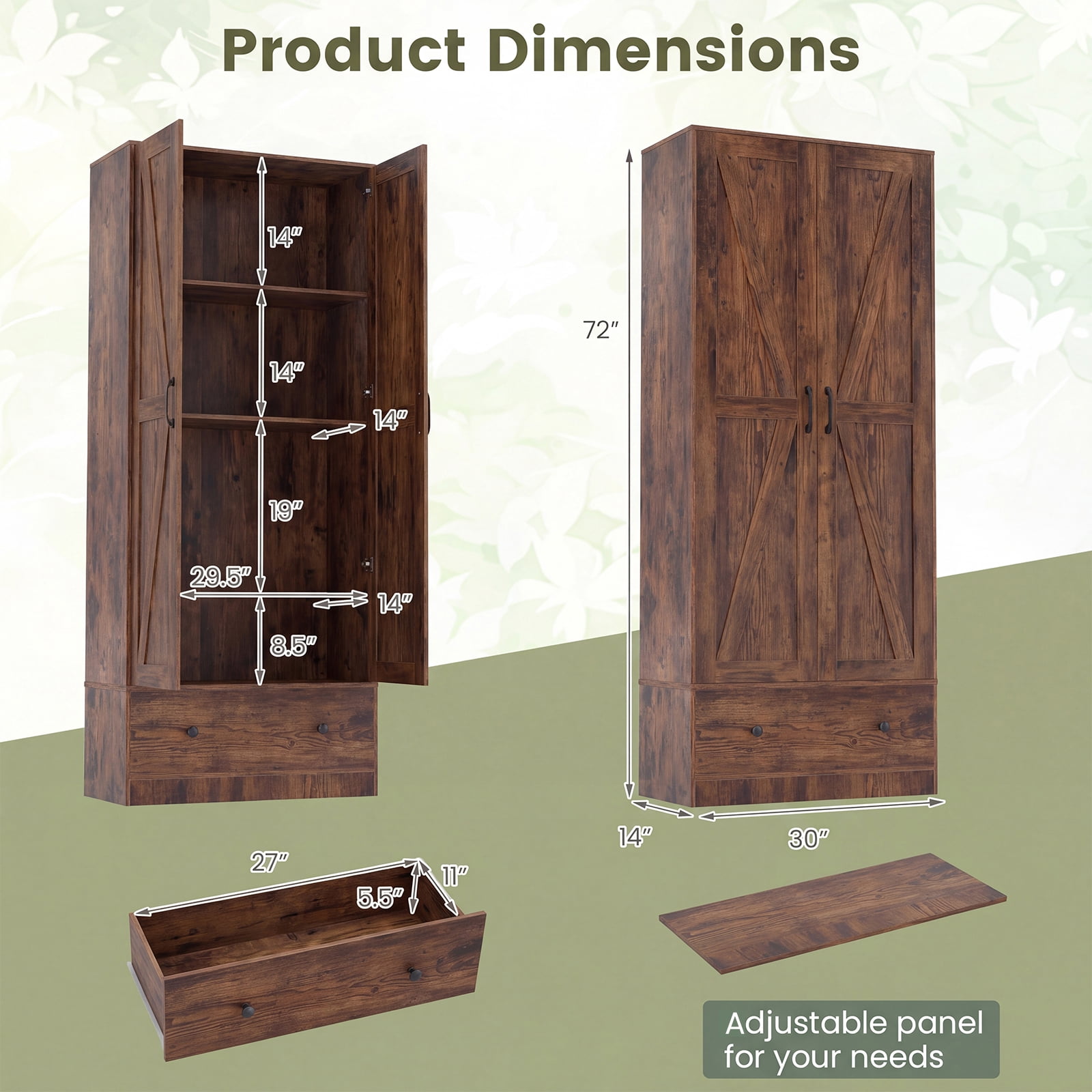Costway 72" Tall Kitchen Pantry Cabinet, Farmhouse Wooden Cupboard with 2 Doors, Drawer Rustic Brown