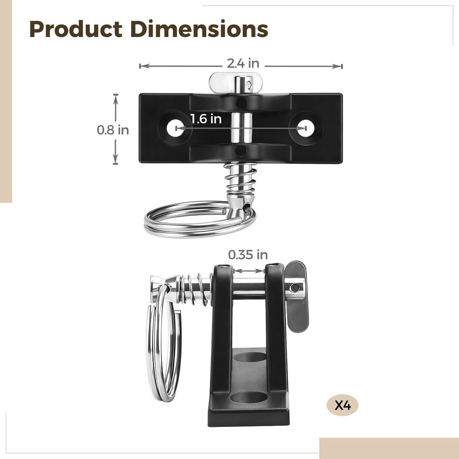 4 Pcs Black Stainless Steel Bimini Top Deck Hinge with Quick Release Pin, Nylon Mount Bracket 2.4 x 0.8 x 1.6 in, Includes Screws, Marine Boat Bimini Top Hardware