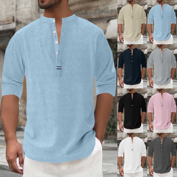 TKYCMSUAKI Mens Cotton Linen Henley Shirts Sun Protection Long Sleeve Buttons Shirt Lightweight Comfy Pullover Top Summer Beach T-Shirt