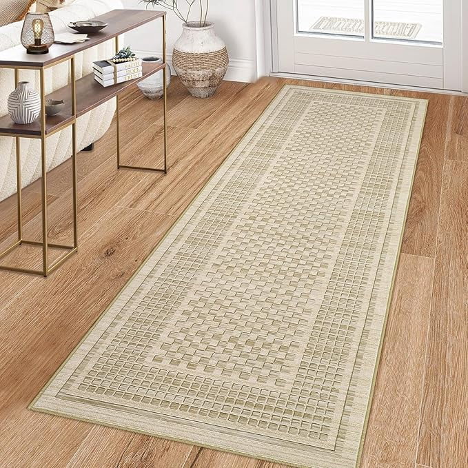 Washable Kitchen Runner Rug 2x8, Beige Runners for Hallway, Non Slip Boho Soft Bathroom Stain Resistant Throw Mat Bordered Carpet Runner for Laundry Entryway Bedroom 2'x8' Beige