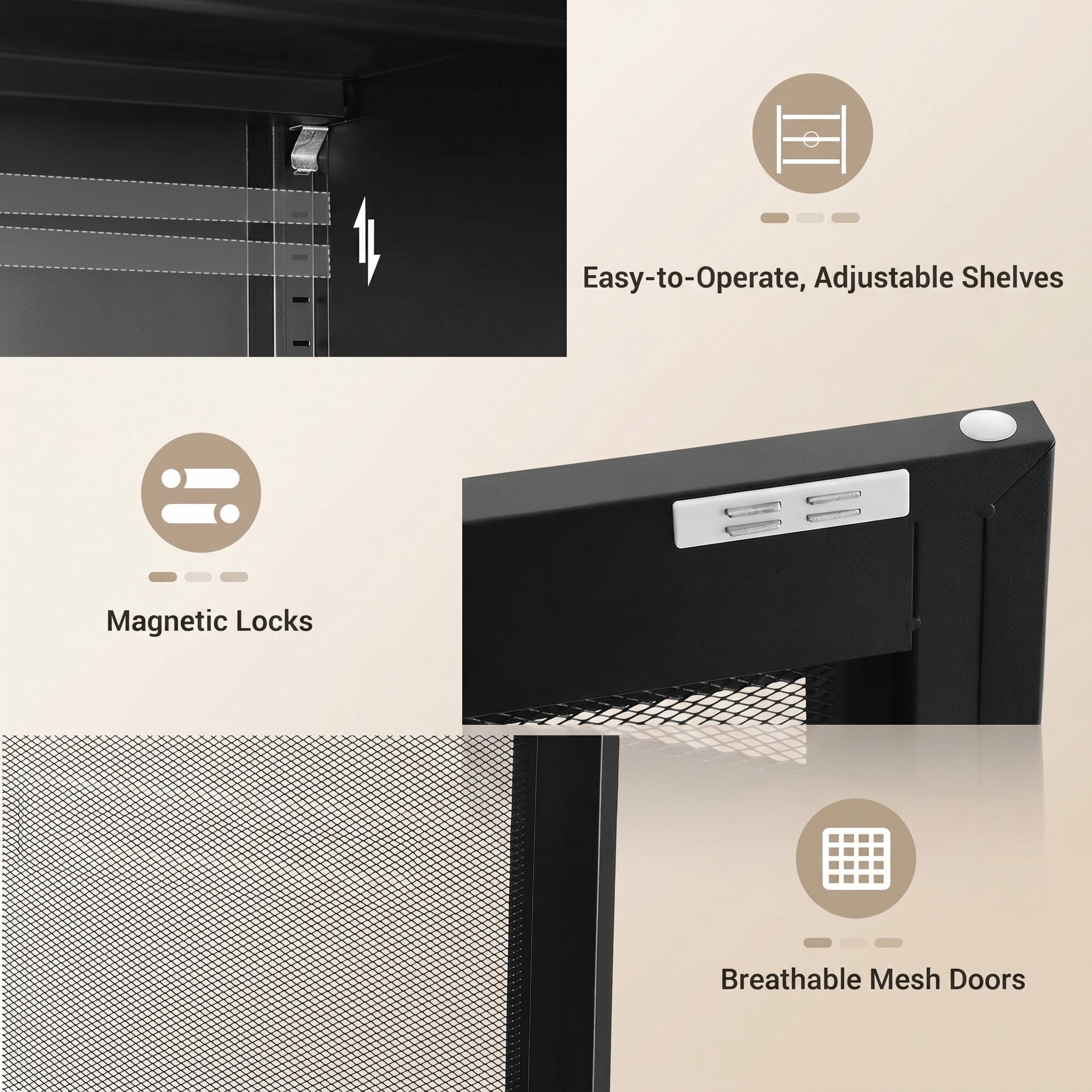 Nordic Hygge Metal Storage Cabinet with Mesh Doors and Adjustable Shelves for Home Office, Bathroom, and Living Room, Black