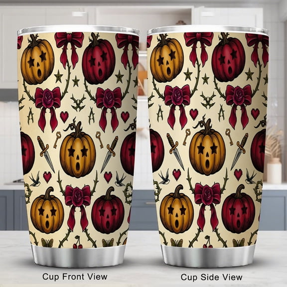 Halloween Tumbler 20oz with Lid Bow Pumpkin Face Travel Coffee Cup for Holiday Birthday Party Favors