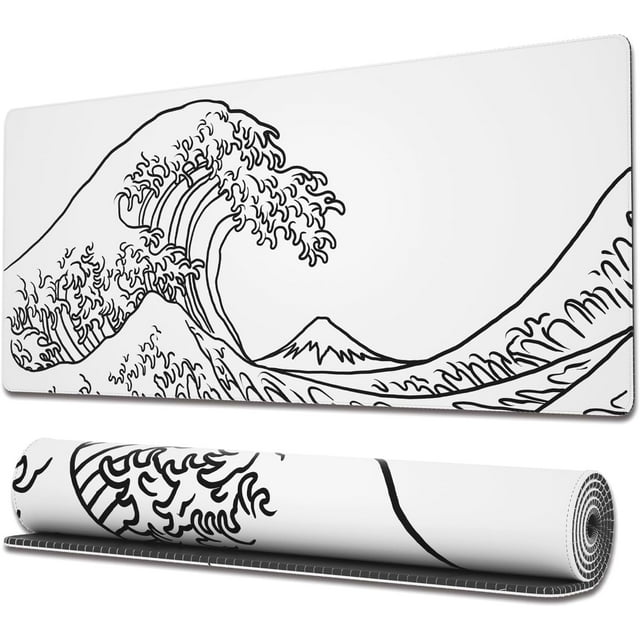 Japanese Wave White Gaming Mouse Pad - Extended XL Mousepad with Anti-Slip Base, Cool Large Mouse Pad for Desk, 31.5x11.8 Inch, Perfect for Gaming and Office