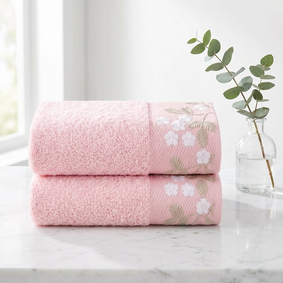 REGALWOVEN Floral Embroidered Hand Towels, Pure Cotton Soft Absorbent Towel Set for Bath, Kitchen, Spa, Gym, Home Decor Pink 2-Piece