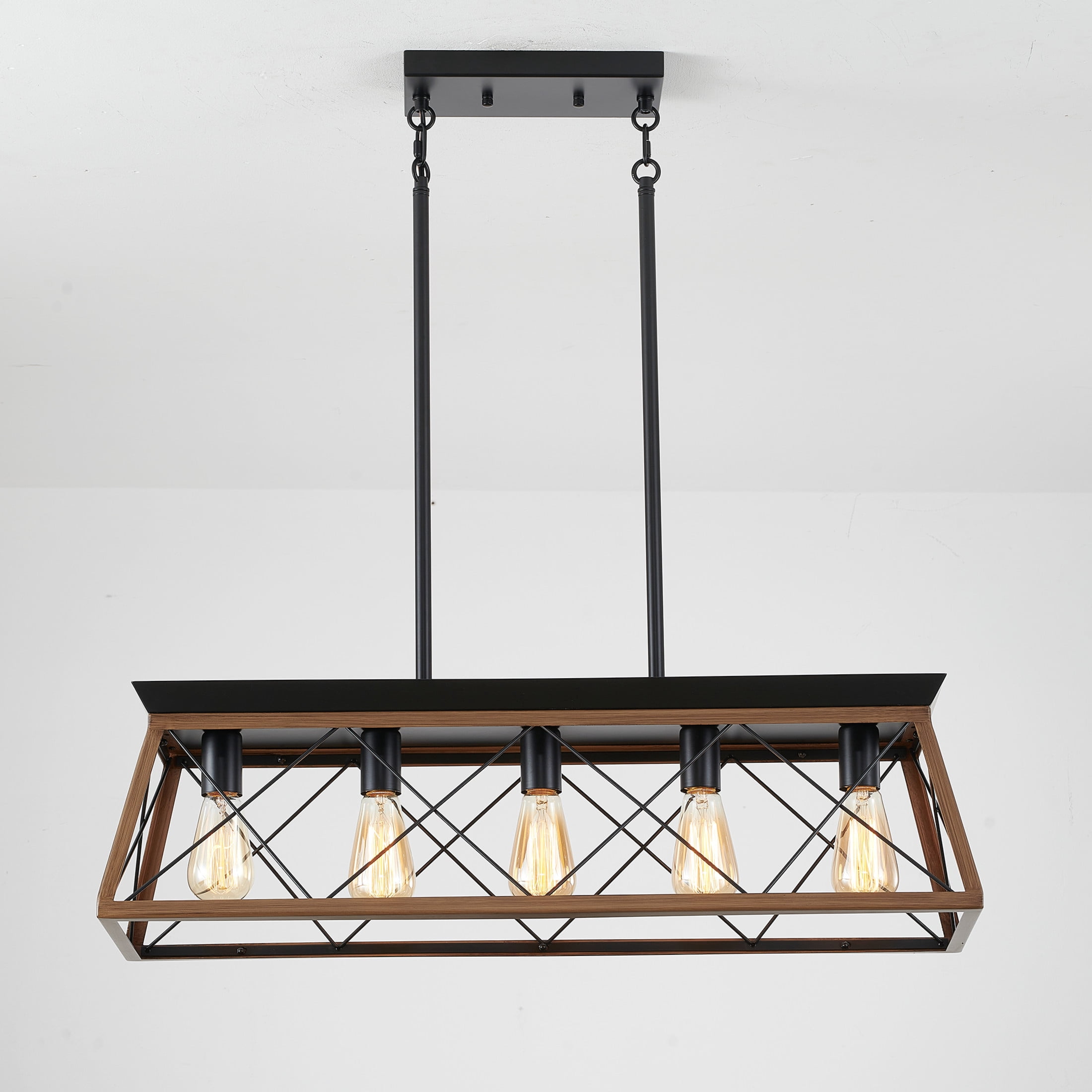 GDF Studio 5-Light E26 Farmhouse Chandelier, Rustic Kitchen Island Pendant Light with Adjustable Height, Walnut