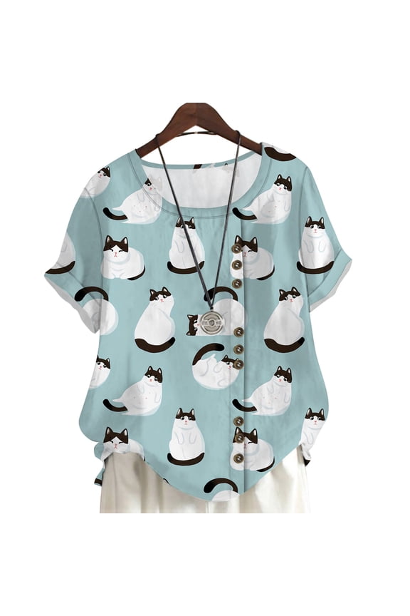 Short Sleeve T Shirt Women Chubby Cat Printed Oversized Shirt Summer Blouse