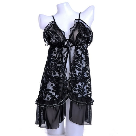 Black Negligee - Anna-Kaci S/M Fit Black Sweet & Bold Floral Applique Lace Metallic Trim Negligee