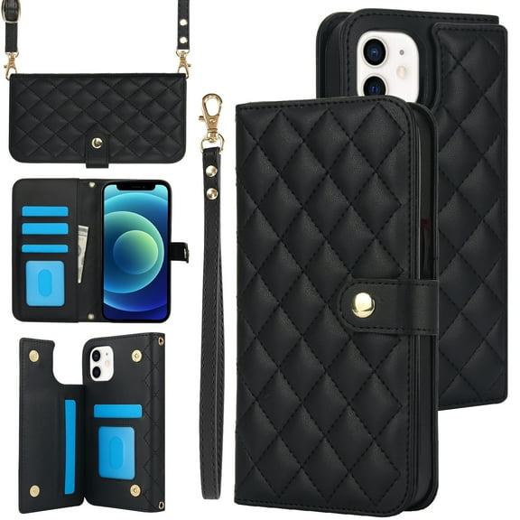 Allytechgroup Wallet Case for iPhone 11 with Credit Card Slot, RFID Blocking PU Leather Case with Lanyard & Shoulder Strap & Kickstand Shockproof Bumper for Women Men, Black