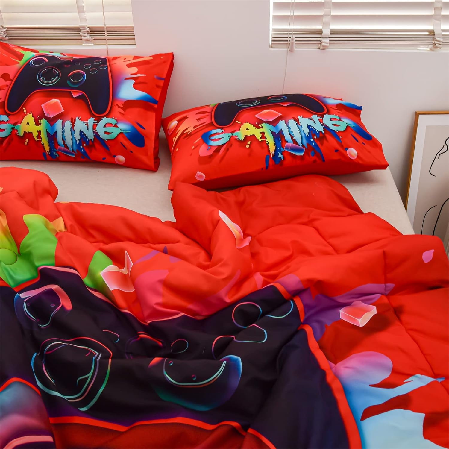 NTBED Red Twin Gaming Comforter Sets for Boys Kids Bedding Sets Colorful Games Console Gamer Quilt Set