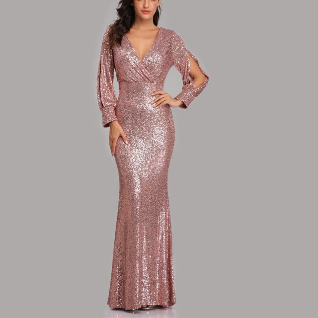 FcBaudy Robe à Manches Longues Col en V, Robes d'Été pour Femmes, Robes Femmes Mode Unie Robe à Sequins Col en V Manches Longues Robes de Soirée Robes Longues Femmes