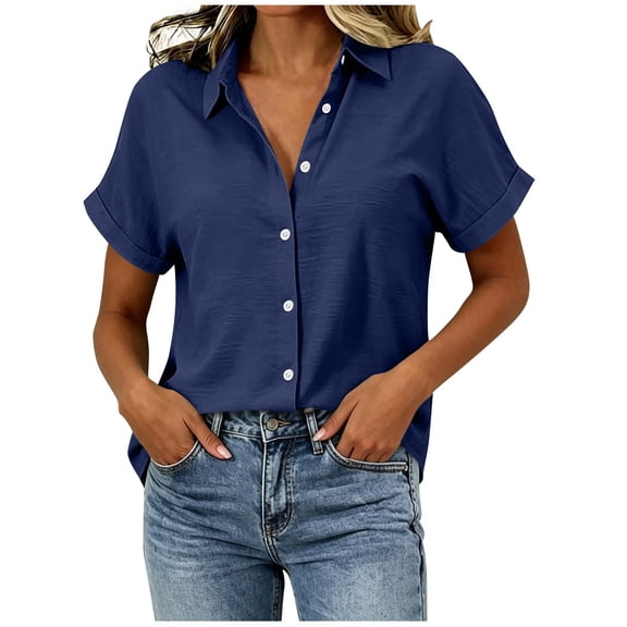 Perfectbot Women's Cotton Linen Blend Shirt Collared Short Sleeve Pleated Back Casual Blouse