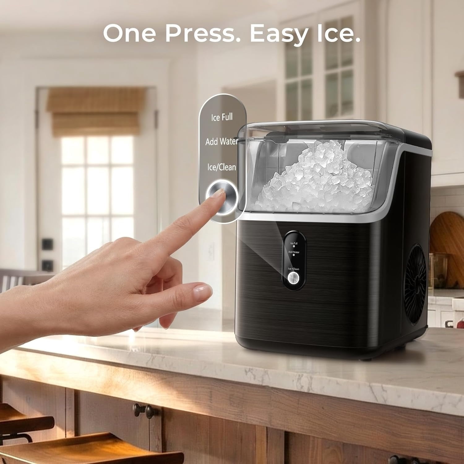 Nugget Ice Maker Countertop: 33lb/Day, Self-Cleaning, Black Stainless Steel, Portable, Soft Chewable Pebble Ice Machine for Home Kitchen, RV & Office