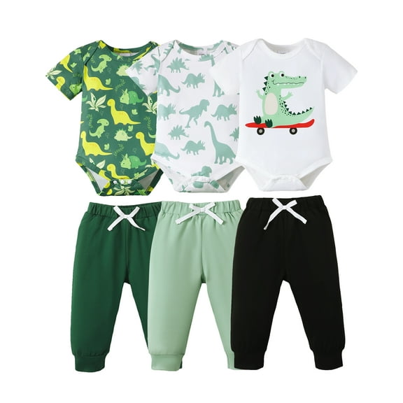 Kucnuzki Newborn Baby Boys Layette Gift Set 3-6 Months Bodysuit Pants Sets Short Sleeves Romper Top Pants Dinosaur Print Clothing Sets 6pcs Outfits Green
