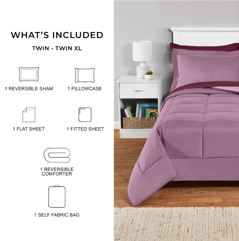 Mainstays 5-Piece Reversible Bed in a Bag Comforter and Sheet Set, Purple