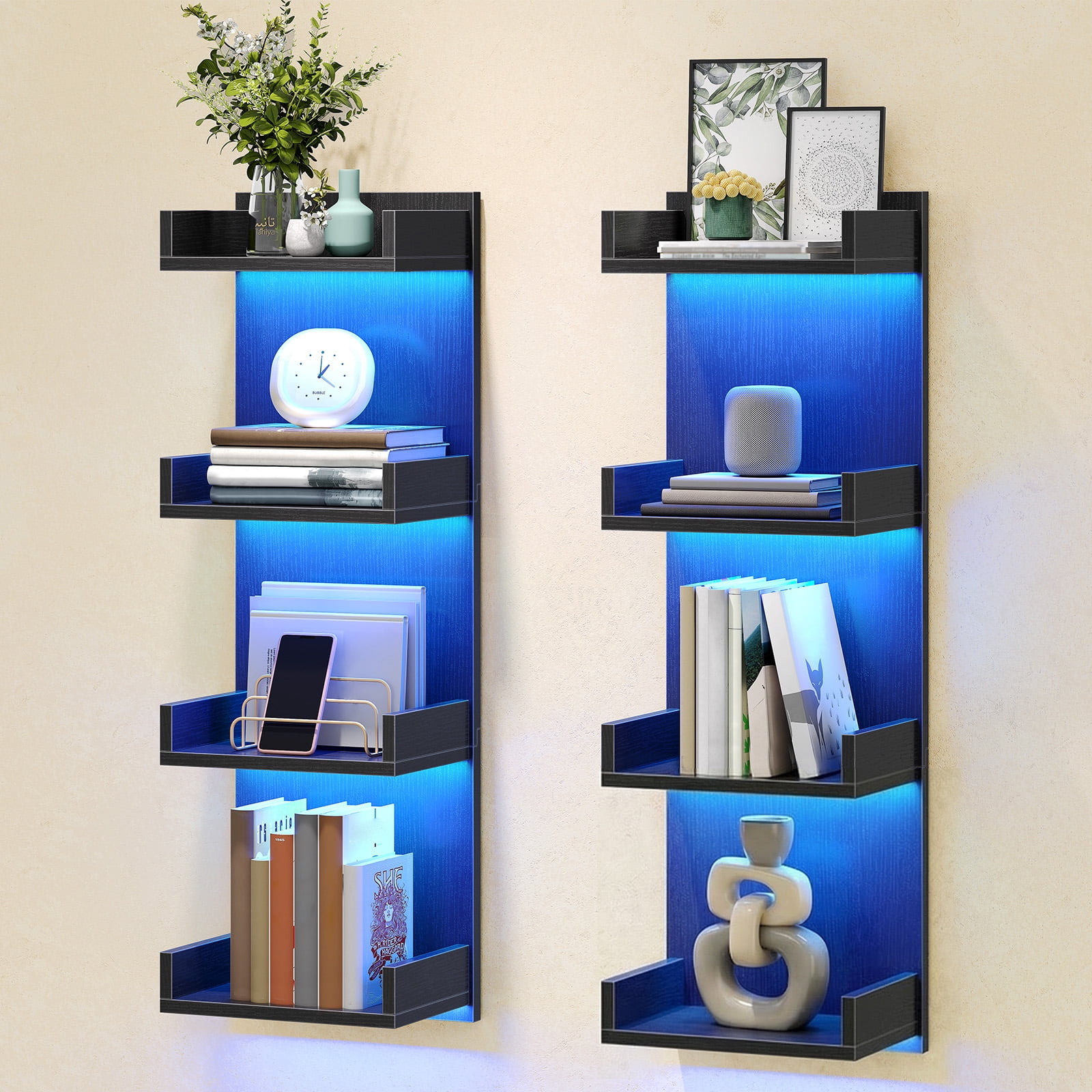 Vertical 4-Tier LED Floating Wall Shelves, Black