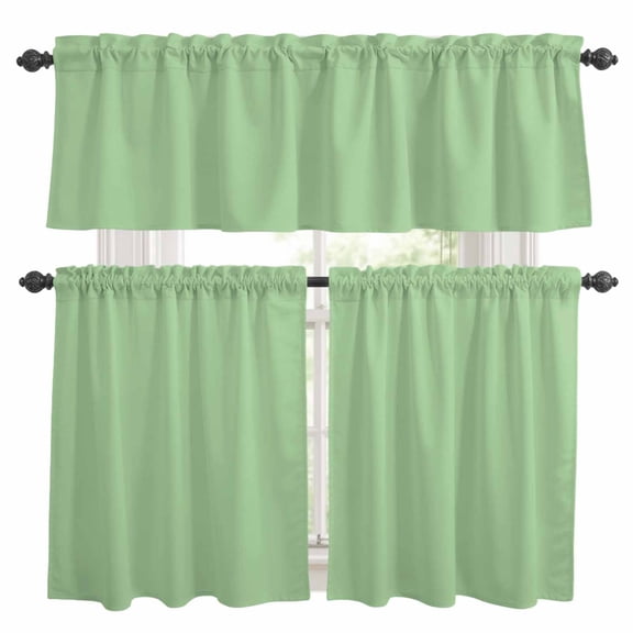 Light Sage Green Kitchen Curtains Sets for Windows 36 Inch Length, Solid Color Farmhouse Green Rod Pocket Window Treatments Tier Curtains and Valances Set for Bedroom/Bathroom