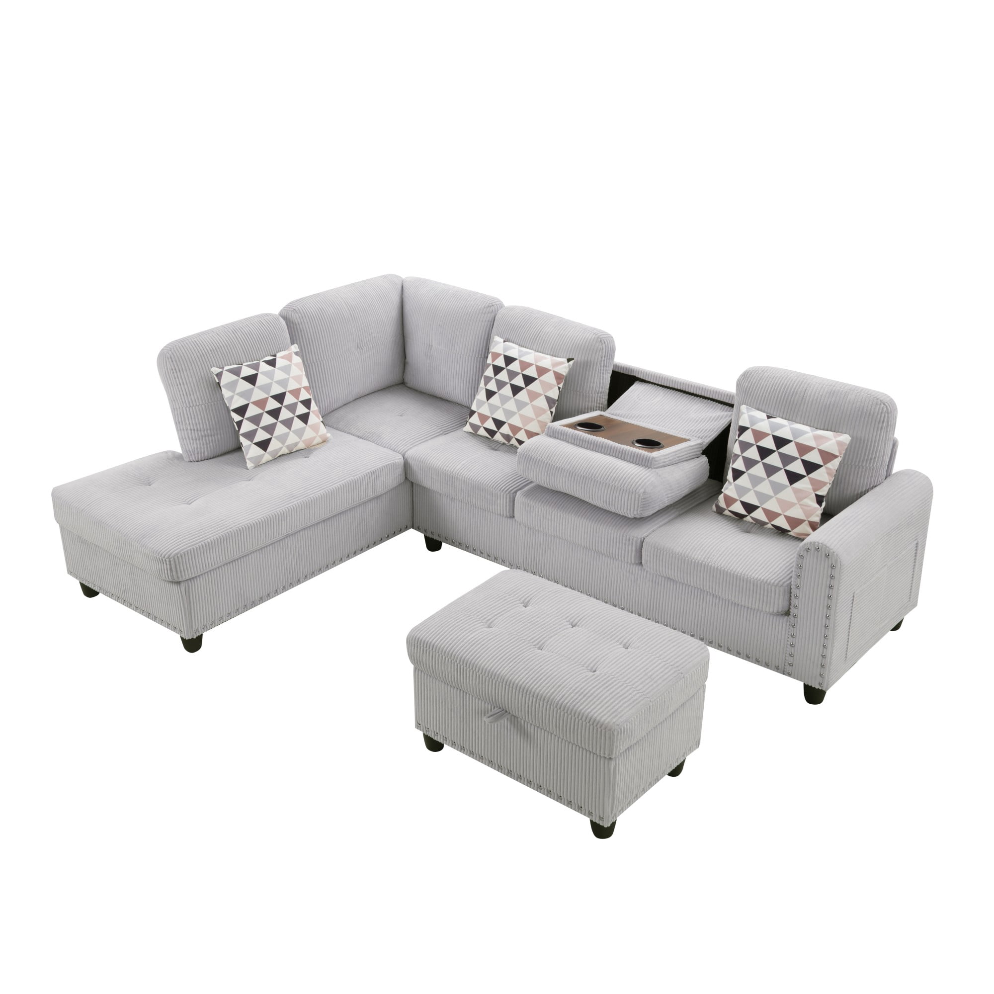 Gewnee 94.49” L-Shaped Modular Sectional Sofa with Nail Head-Design, with Storage Ottoman& 3 Headrests & 2 Built-in Cup Holders, Suitable for Living Rooms, Offices and Reception Rooms.Light Grey