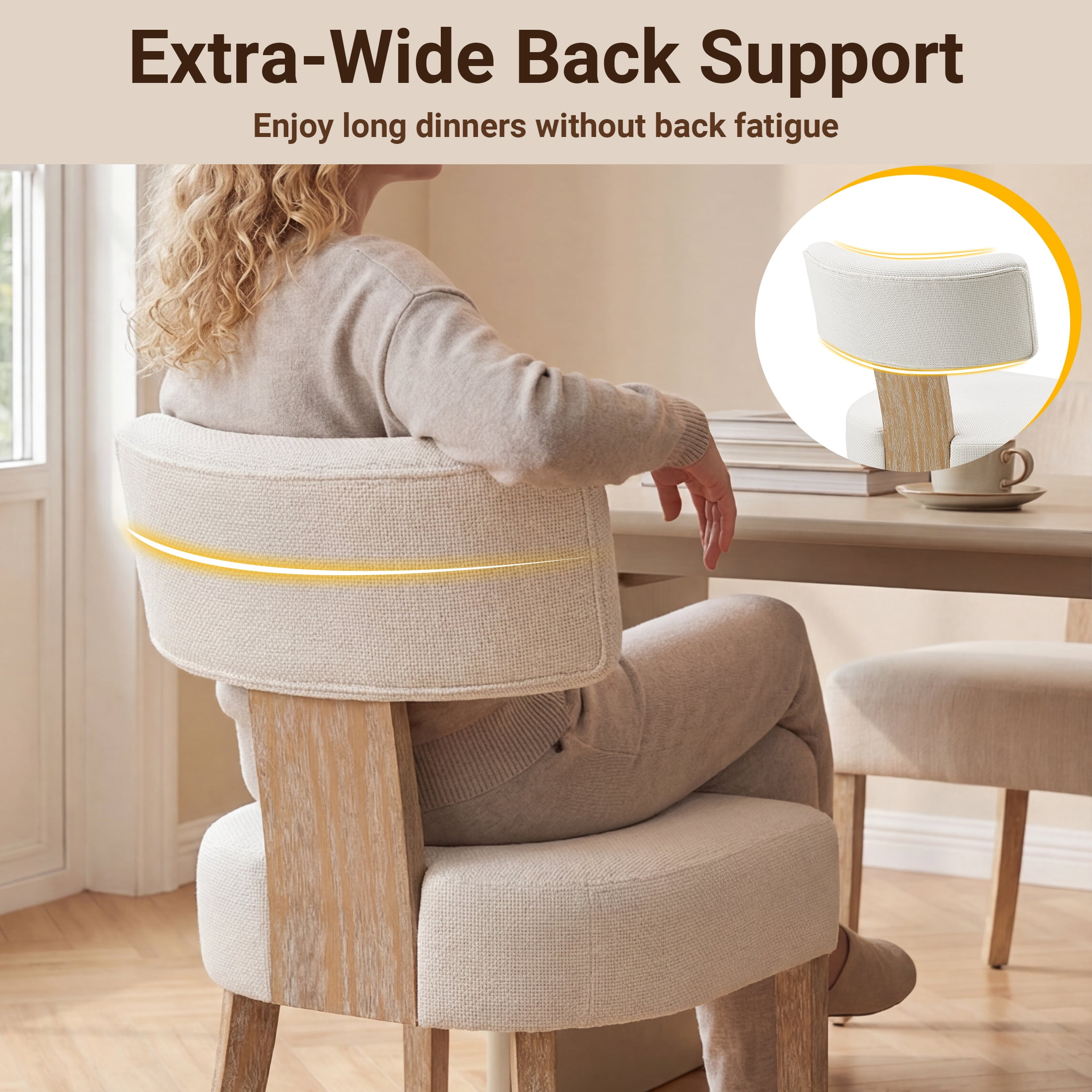 TrumanPick Mid Century Modern Dining Chairs Set of 6, Beige Upholstered Farmhouse Dining Room Chairs with Curved Backrest & Thick Cushion, Solid Wood Legs for Kitchen, Restaurant
