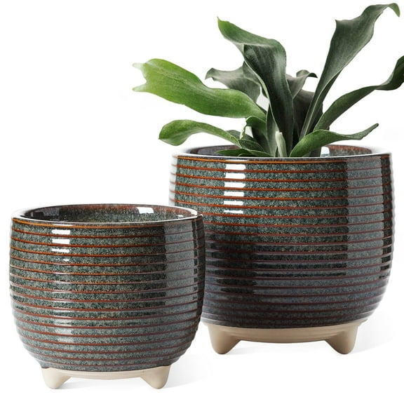 BEMAY Plant Pots, 5.1   6.4 inch Ceramic Flower Pots with Drainage, Indoor Planters with Mesh Circle & Plug for Home Office, Reactive Glaze Black